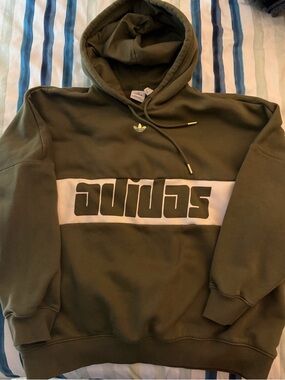 adidas Olive Hoodie with White Chest Stripe and Logo